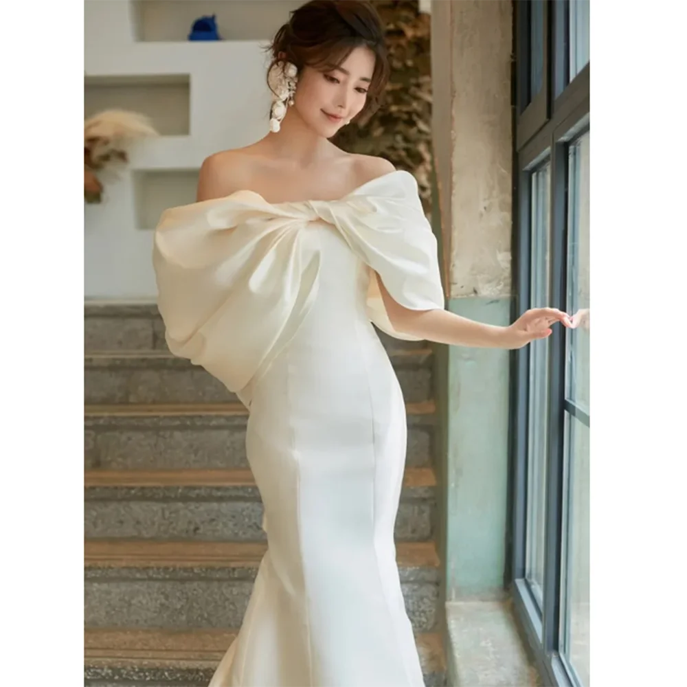 

Luxury Elegant Trumpet Foraml Wedding Dress Floor Length Sexy Backless Bow Shawl Strapless Pretty Exquisite Robe De Mariée