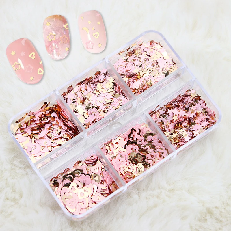 Pink Gold Nail Glitter Sequins with Mix Star Moon Cherry Blossom & Love Heart Flakes for Manicure Decorations Nail Accessories