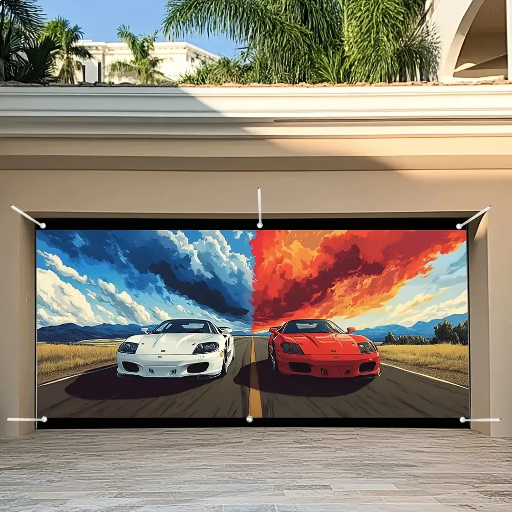 Garage banner - 2D flat-print banner standing in the wind: Double parking space garage door bannerDJH