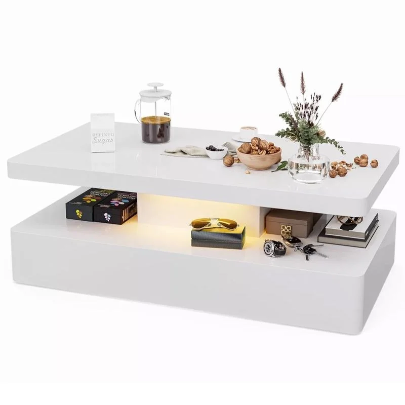 Table Basse Rectangulaire Blanche Brillante avec 16 Couleurs LED, Moderne