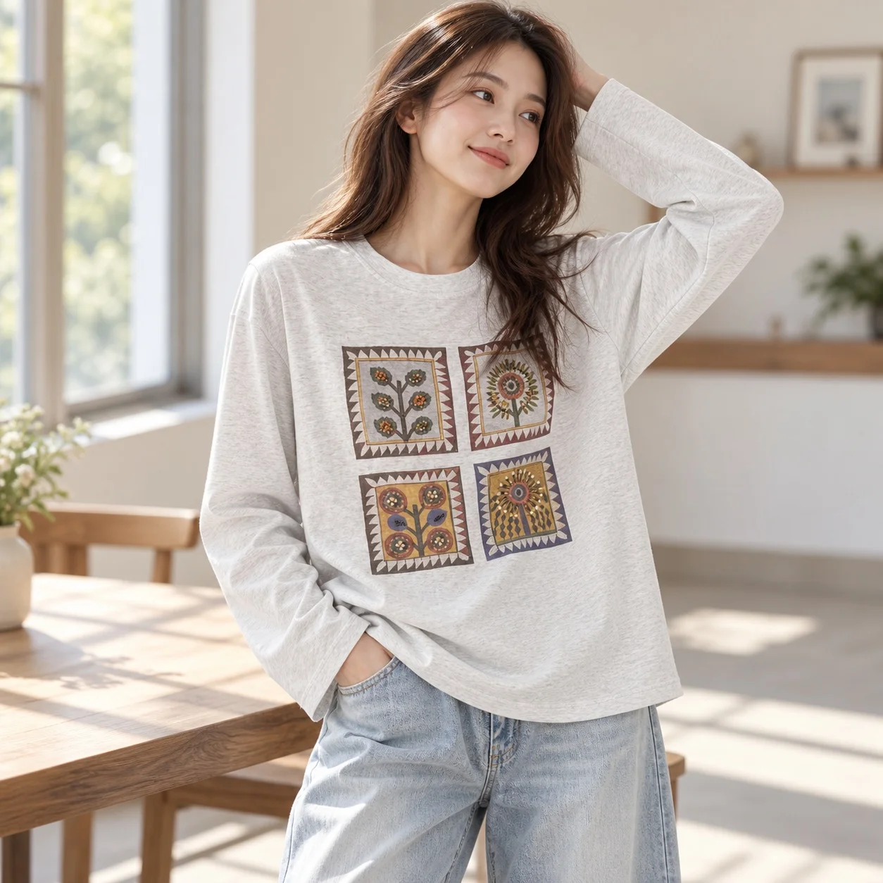 Loose Fit Casual Top Regular Length Japanese Korean Casual with Long Sleeve Summer Printed Long Sleeve Shirts Travel for Women