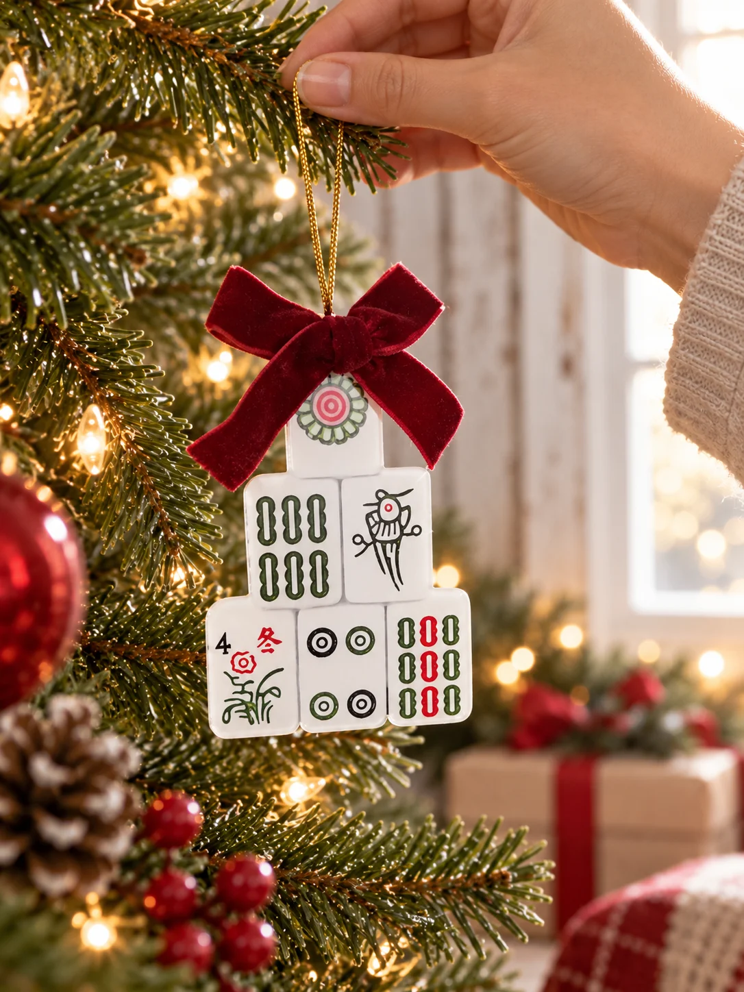Creative Mahjong Christmas Tree Hanging Ornament, Acrylic Mahjong‑Tile‑Shaped Xmas Pendant, Festive Holiday Home Decoration Gift