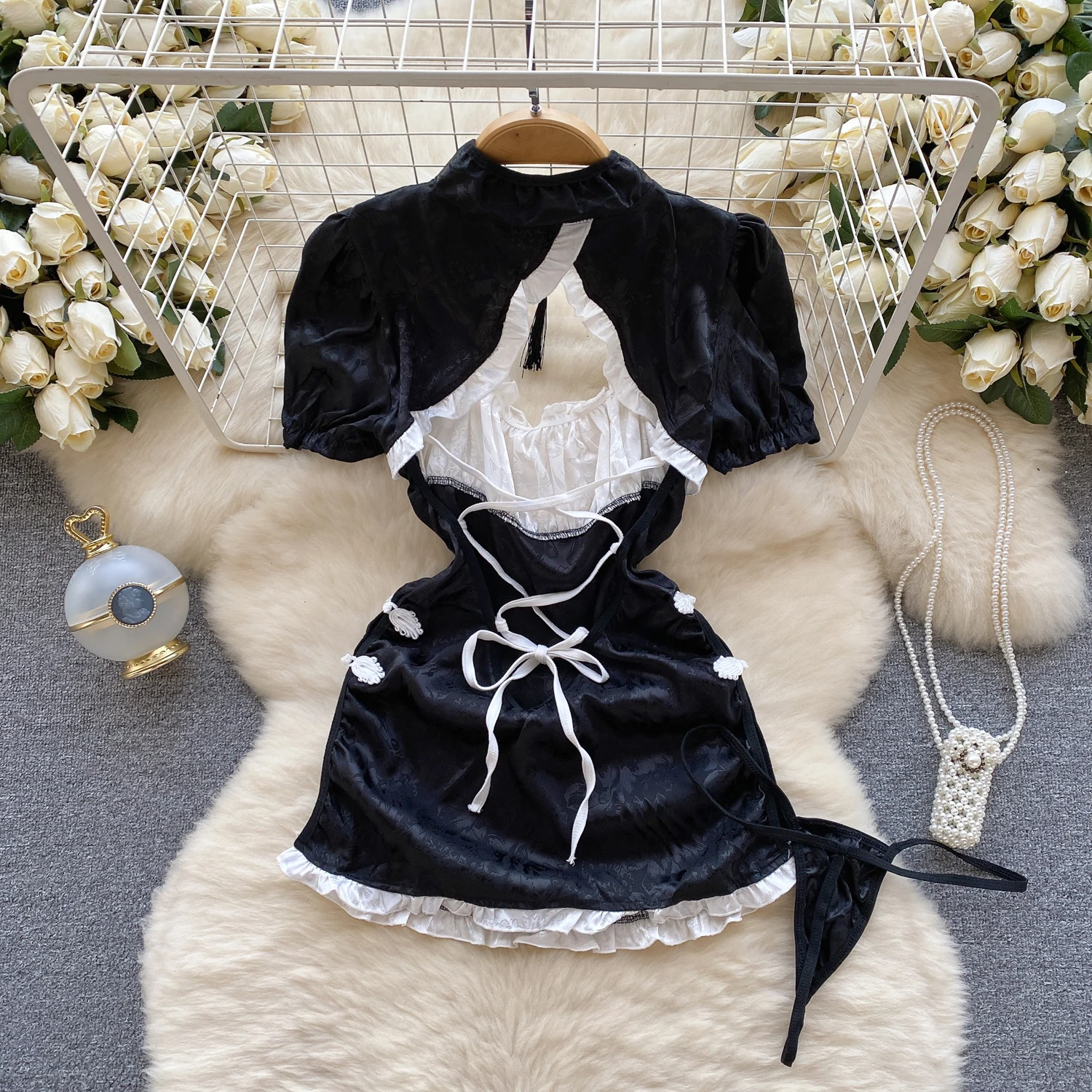 Sexy Elegant Chinese Satin Cheongsam Ruffle Spliced Bubble Sleeve Hollow Out Tassel Dress Retro Women's Nightgowns Pajamas Suit