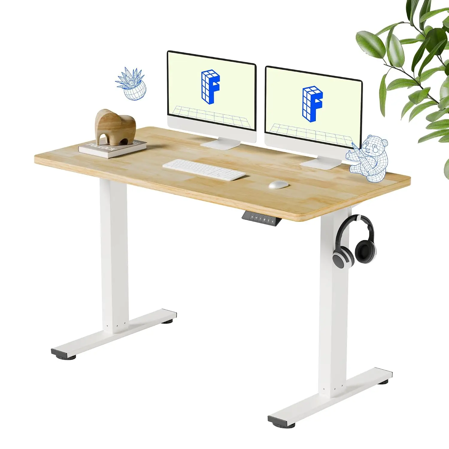 Solid Wood Standing Desk White Frame Natural Grain 176LBS Home Office Multi-Monitor 48x24