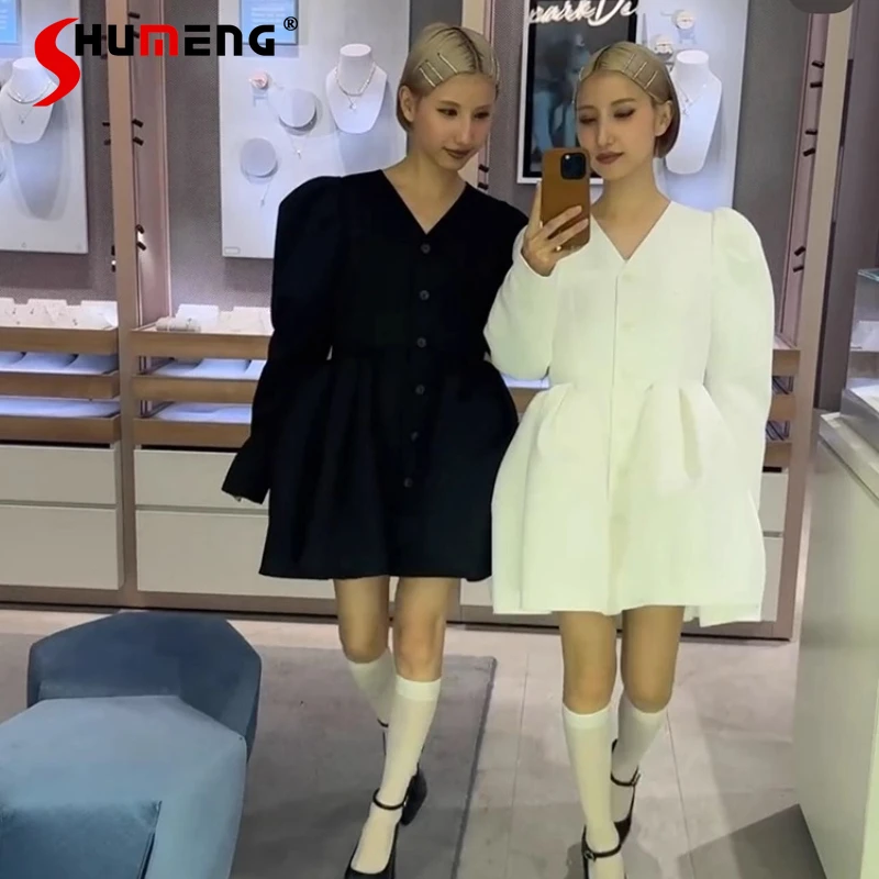 

Japanese Style Fashion Sweet Puff Sleeve V-Neck Mini Dress Spring and Autumn New 2025 Women's Slim Fit Elegant Dress Long Jacket