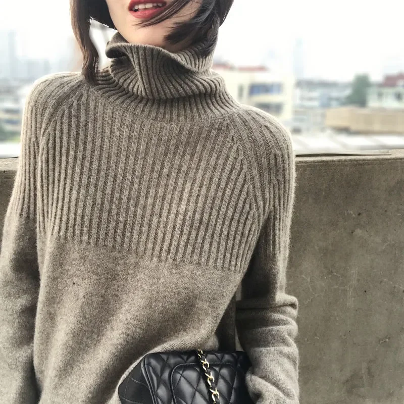 

High Necked Sweater Female Autumn Winter New Loose Fitting Lazy Wind Gentle Temperament Thickening Warm Knitted Top Solid Color