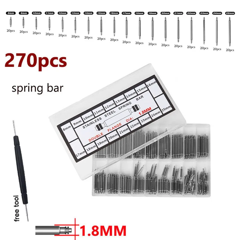 270pcs/set Box Strainless Steel Spring Bars Dia 1.8mm Length 8mm - 25mm Watchband Strap Pin Belt Watch Repair Tools Boxs