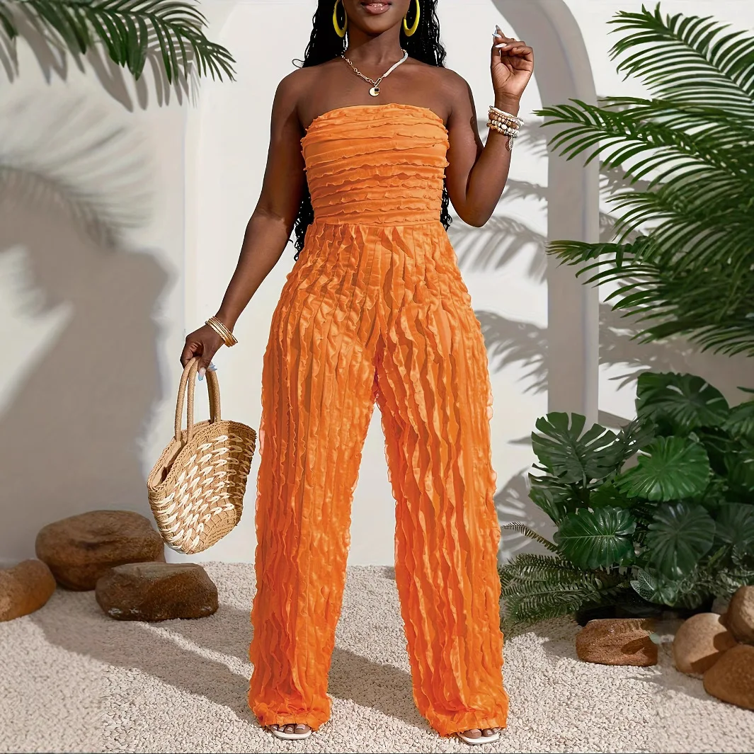 女性のカジュアルノースリーブジャンプスーツ春夏デイリーウェーブメッシュテクスチャバックレスジャンプスーツレディースフロアレングスパンツロンパース