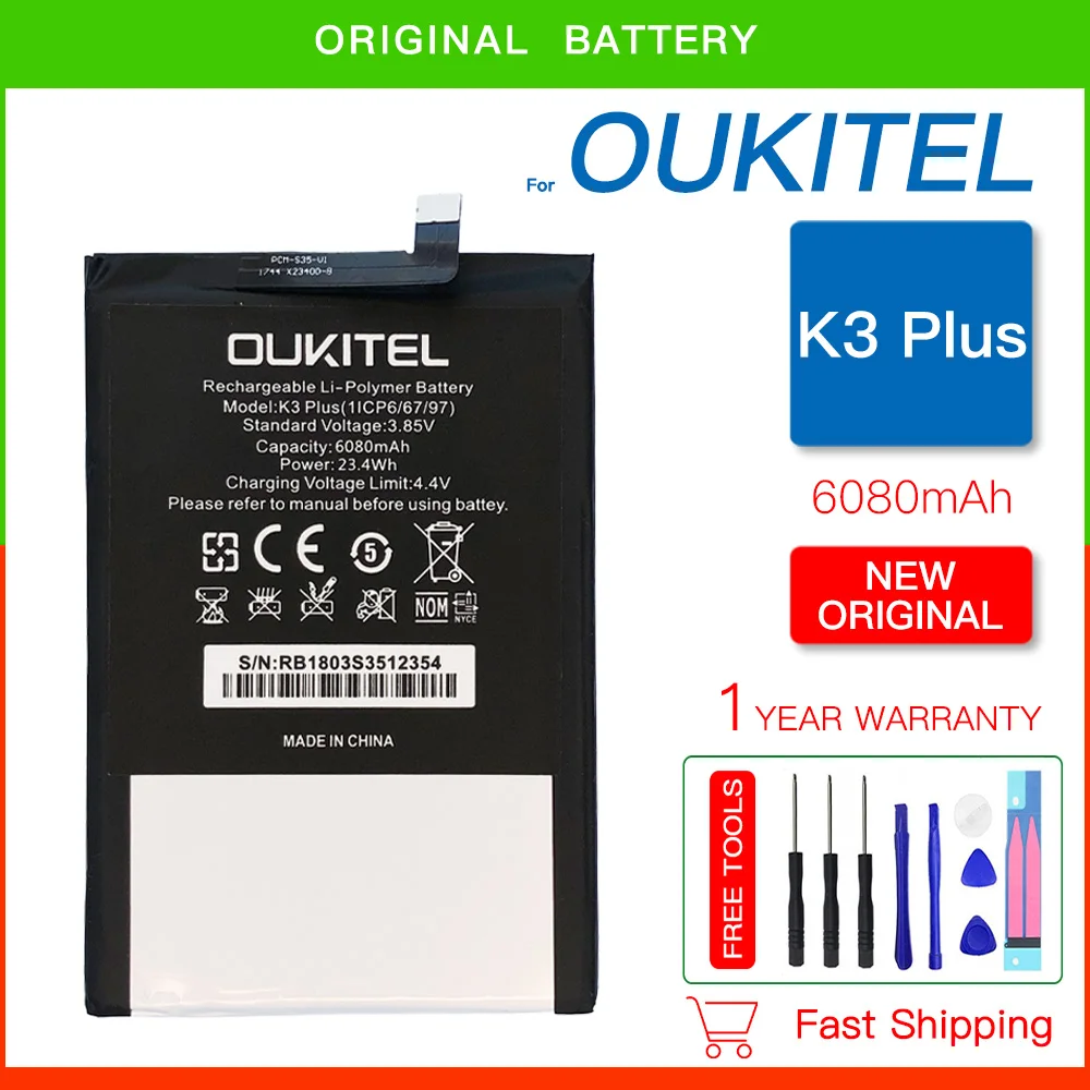 

100% Genuine Mobile phone battery real OUKITEL K3 PLUS battery 6080mAh Long standby time High capacity Batteria + FREE Kit Tools