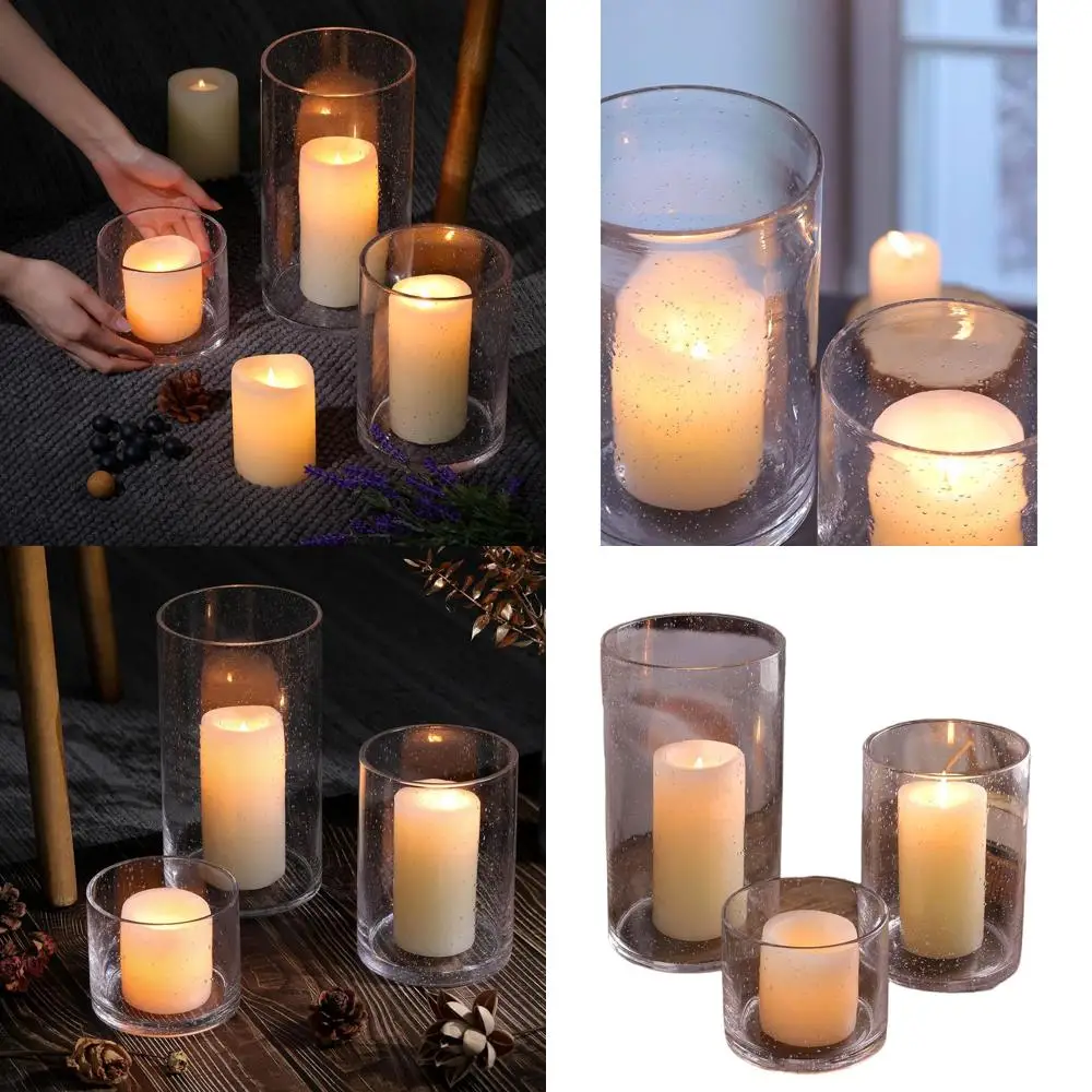

Set of 3 Hurricane Candle Holders - Clear Glass Pillar Candle Holders with Seeded Bubbles, Glass Cylinder Vases for Home, Patio,