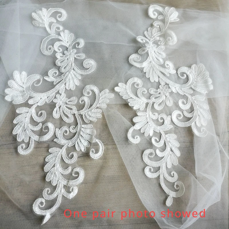 Ivory White Embroidery Lace Flowers Applique, DIY Veil, Handmade Materials, Wedding Dress Decoration Accessories, 1Pair, 2Pcs