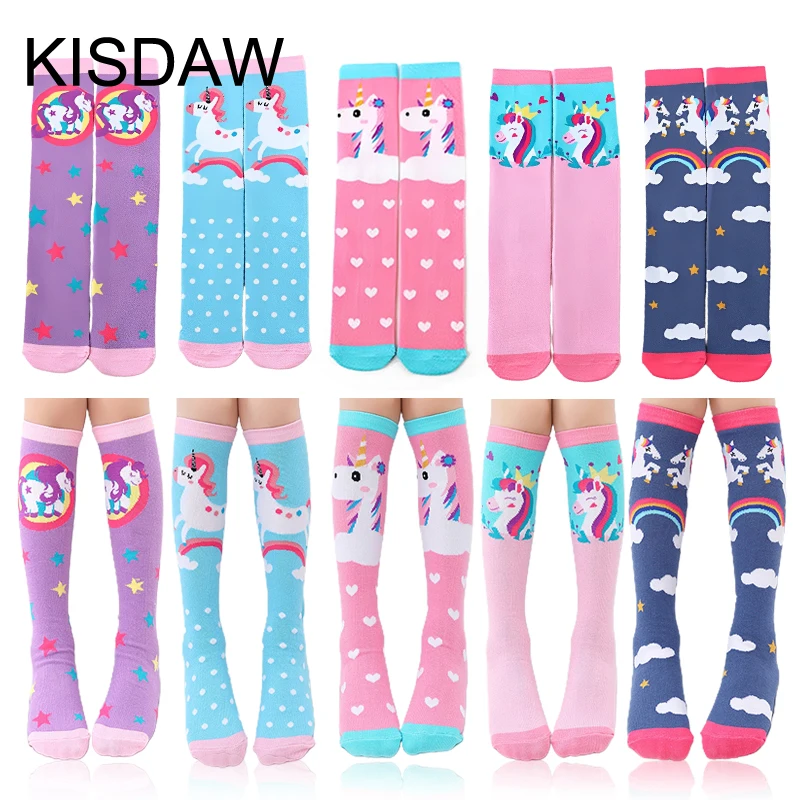 1/4/6 Pairs Children Socks Knitted Cotton Girls Knee High Socks Rainbow Cartoon Warm Kids Long Tube Socks For Running Dancing