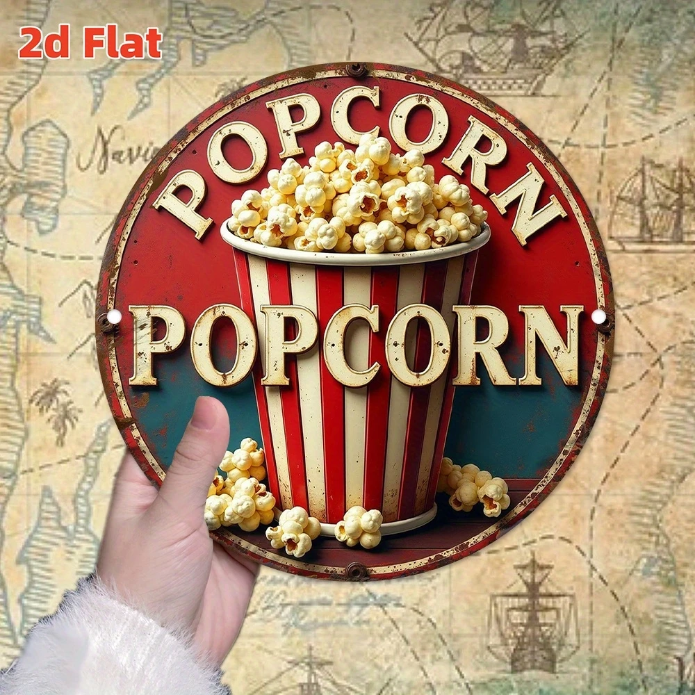 2D Retro Wooden Round Disc Popcorn Pattern Wall Sign for Home Theater Office Cinema Hanging Decoration