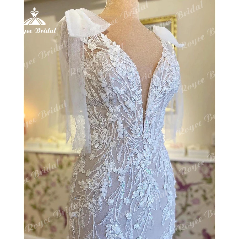 Luxury Lace Mermaid Wedding Dresses 2023 Sexy Deep V Neck Vestidos Civil Appliques Bow Bridal Gown For Women Boho Robe De Mariée