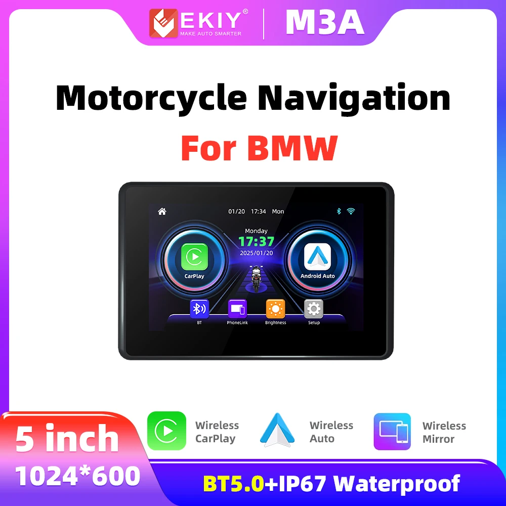 

EKIY For BMW R1200GS R1250GS 5 Inch Wireless CarPlay Moto Android Auto Portable Digital Motorcycle Dashboard Navigation Screen