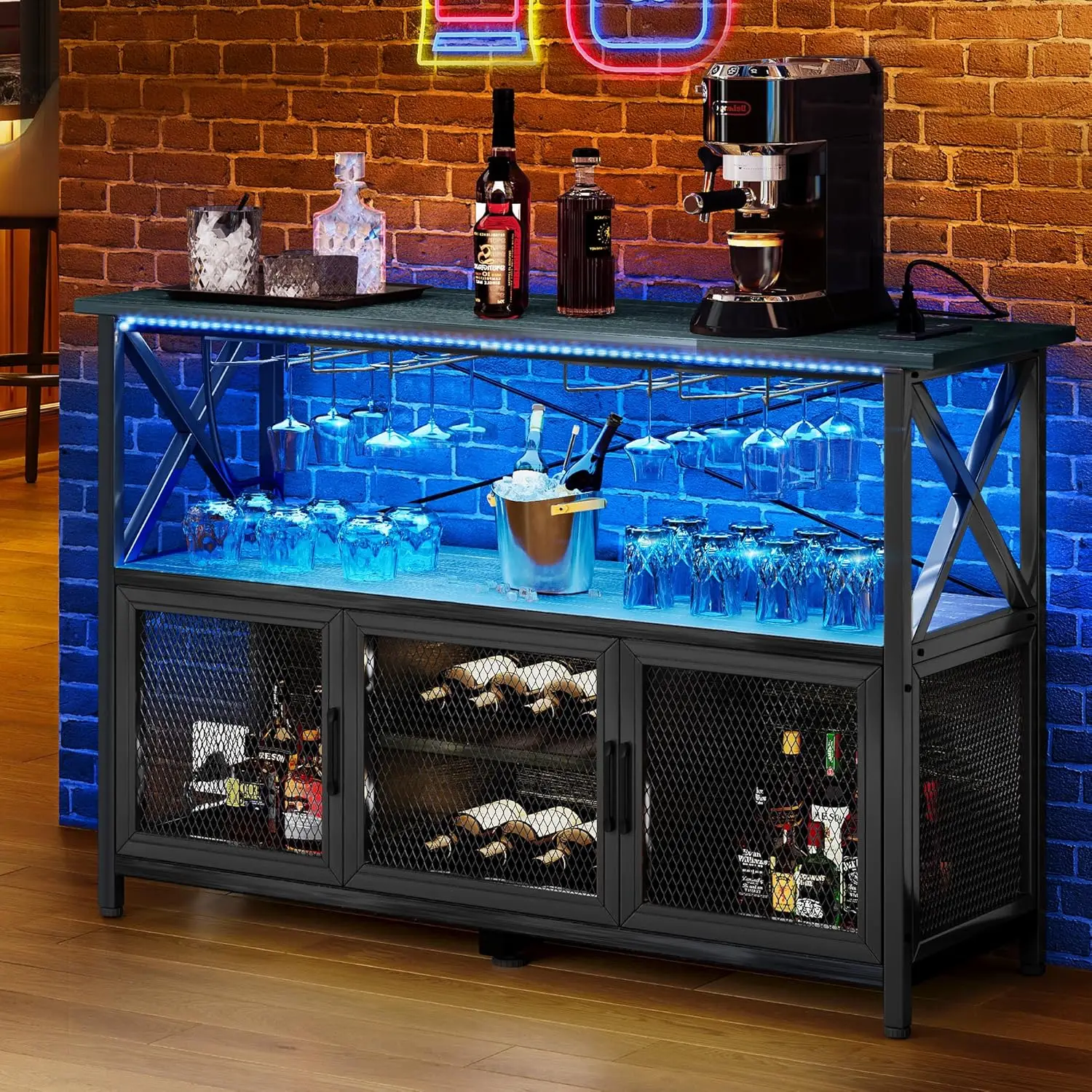 55" Bar Cabinet with LED Lights, Wine Cabinet with Power Outlet, Bar Table Stand with Wine Rack, Storage Cabinets, Adjustable Sh