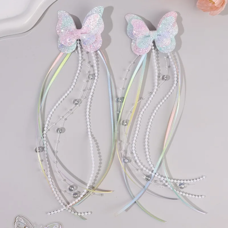 2Pc Childrens Rainbow Butterfly Sequin Hair Clip,pearl Ribbon,tassel Hair Clip,girl Braided Hair Accessory,performance Accessory image 5