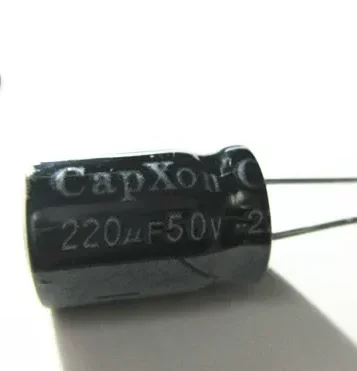 Aluminum electrolytic capacitor with 50V/220uF rating, 8*12mm in size, for direct insertion, of high quality.