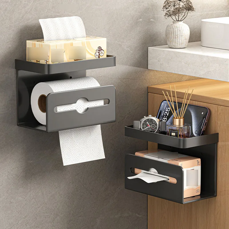 Wall-mounted Single and Double Toilet Paper Holder, Hairdryer Holder Hole-free Mobile Phone Organiser Item Organiser Bathroom