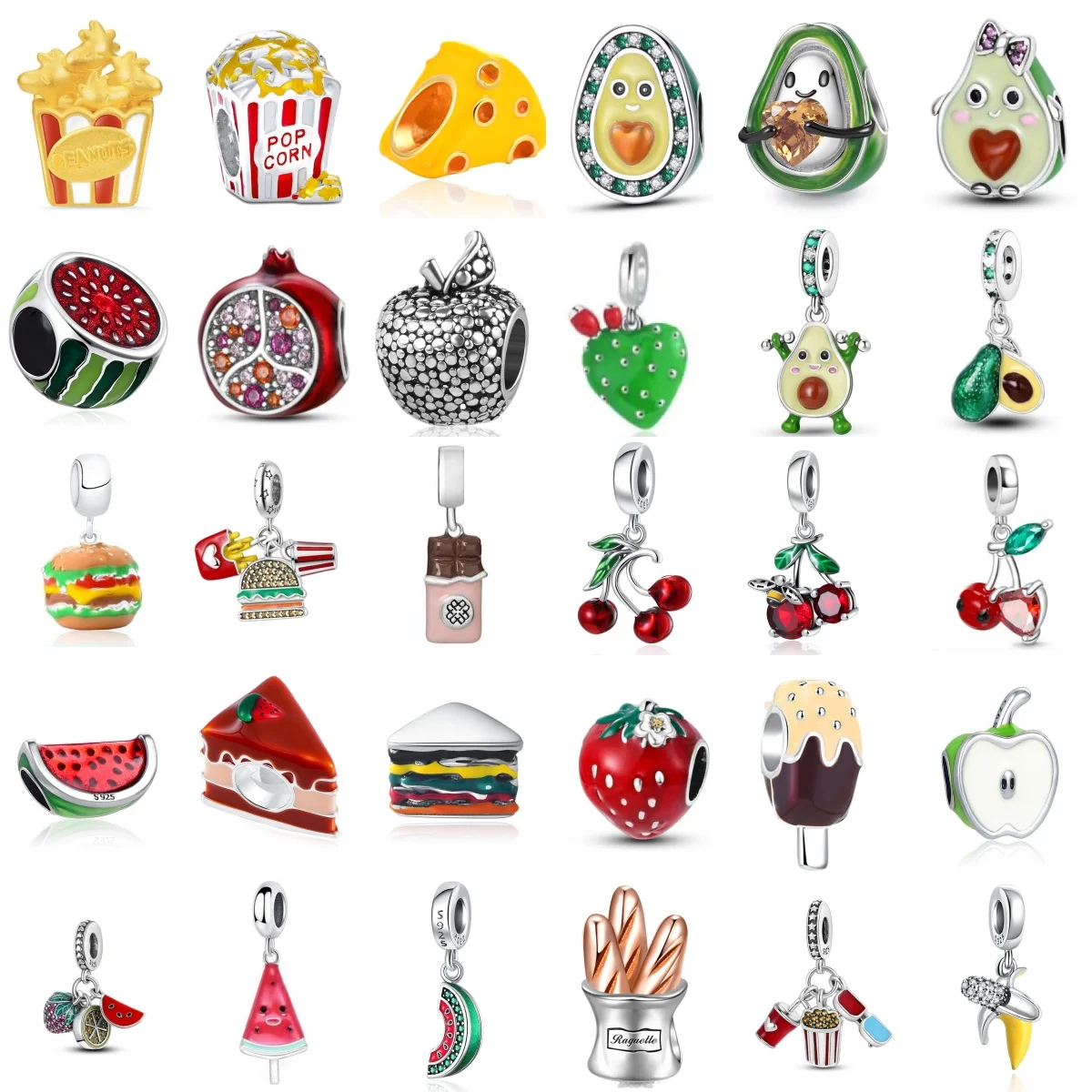 

New 925 Silver Tropical Fruit Pineapple Apple Burger French Fries Pendant Bead, Fit Original European Bracelet DIY Charm Jewelry