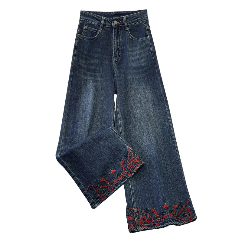 سروال مستقيم من الدنيم المطرز للنساء، للربيع والخريف جديد عالي الخصر فضفاض مناسب ثنيات صغيرة نسخة ضيقة تسع نقاط W