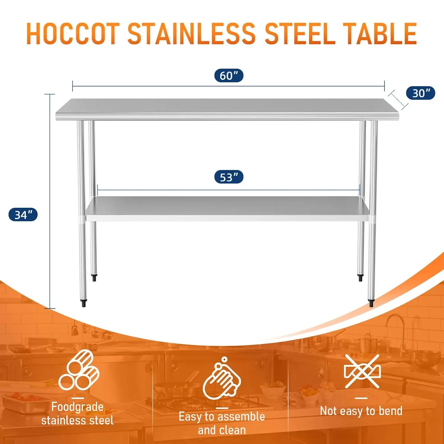 Steel Table for Prep & Work 30" X 60" inches with Adjustable Shelf, Commercial Workstations