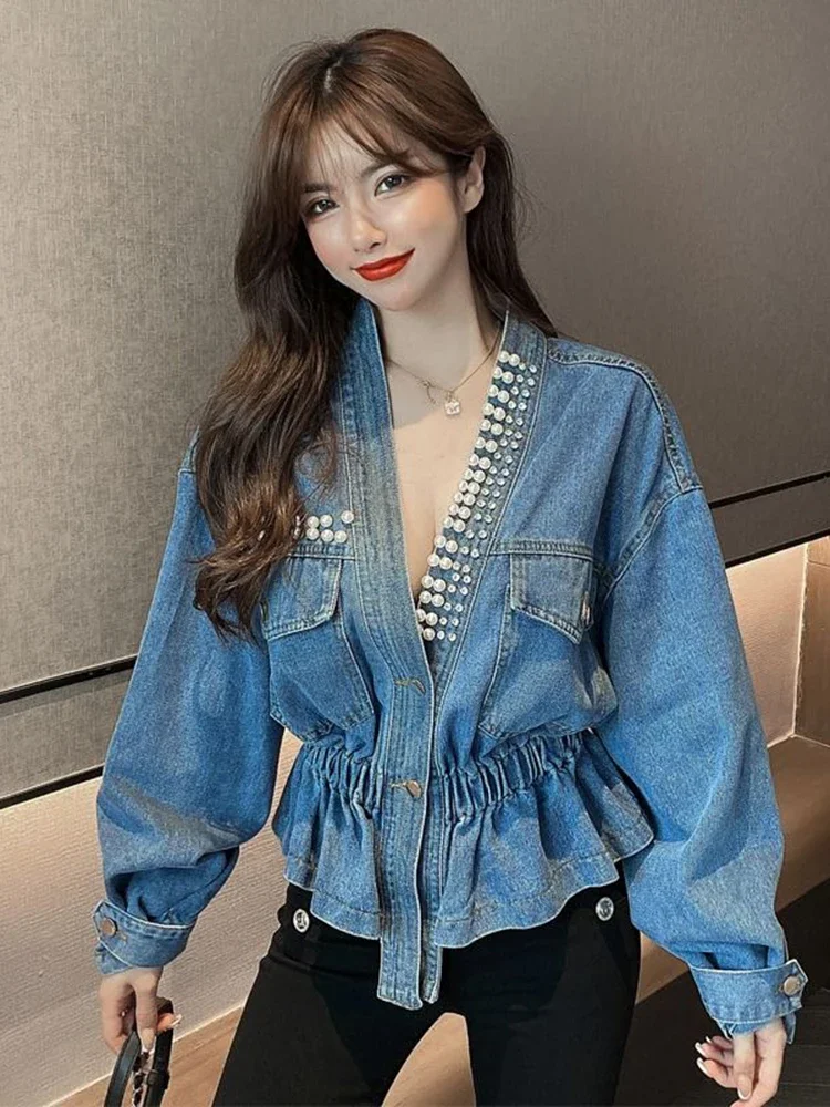 Fall 2024 New Retro Denim Jacket Coat Female Temperament V-neck Single-breasted Beaded Waist Slim Crop Top KK1333