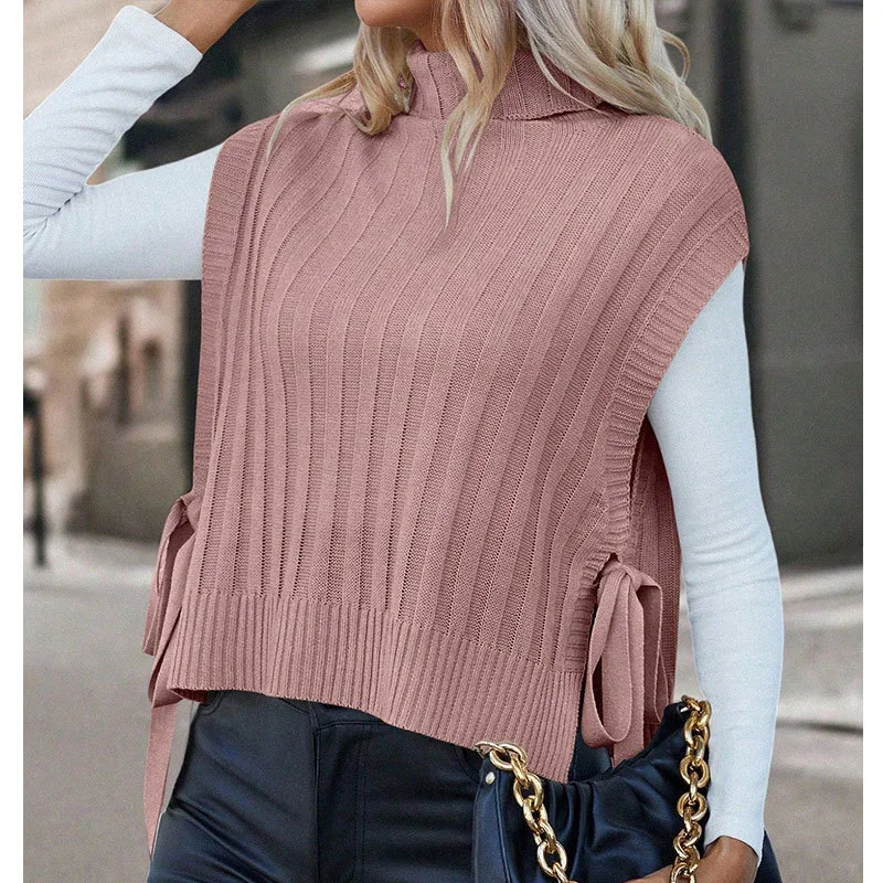 

Autumn and Winter New Women's Solid Color High Neck Sleeveless Lace Up Pullover Vest Sweater