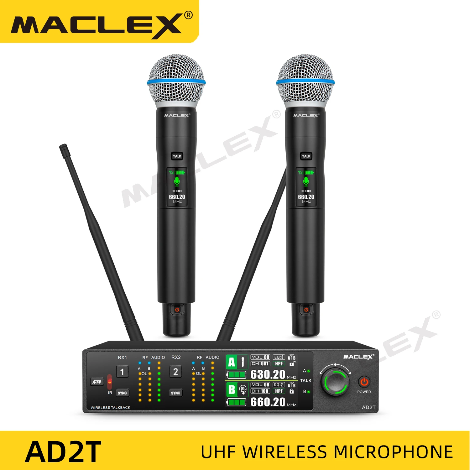 

Maclex AD2T Talkback Function Professional Dual Handheld Wireless Microphone System True Diversity UHF TFT Color Display