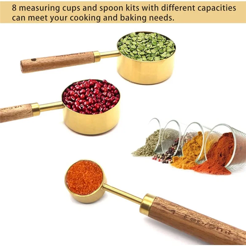 Measuring Cups and Spoons Set of 8, Wood Handle with Metric and US Measurements,Stainless Steel, for Cooking and Baking