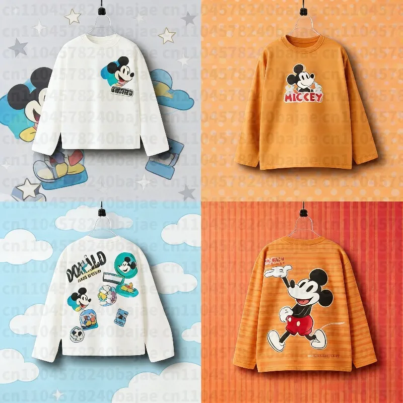 

2025-26, весенне-осенняя детская футболка с длинными рукавами, дышащая одежда, базовая рубашка с принтом Микки для мальчиков, топы, пуловер с круглым вырезом