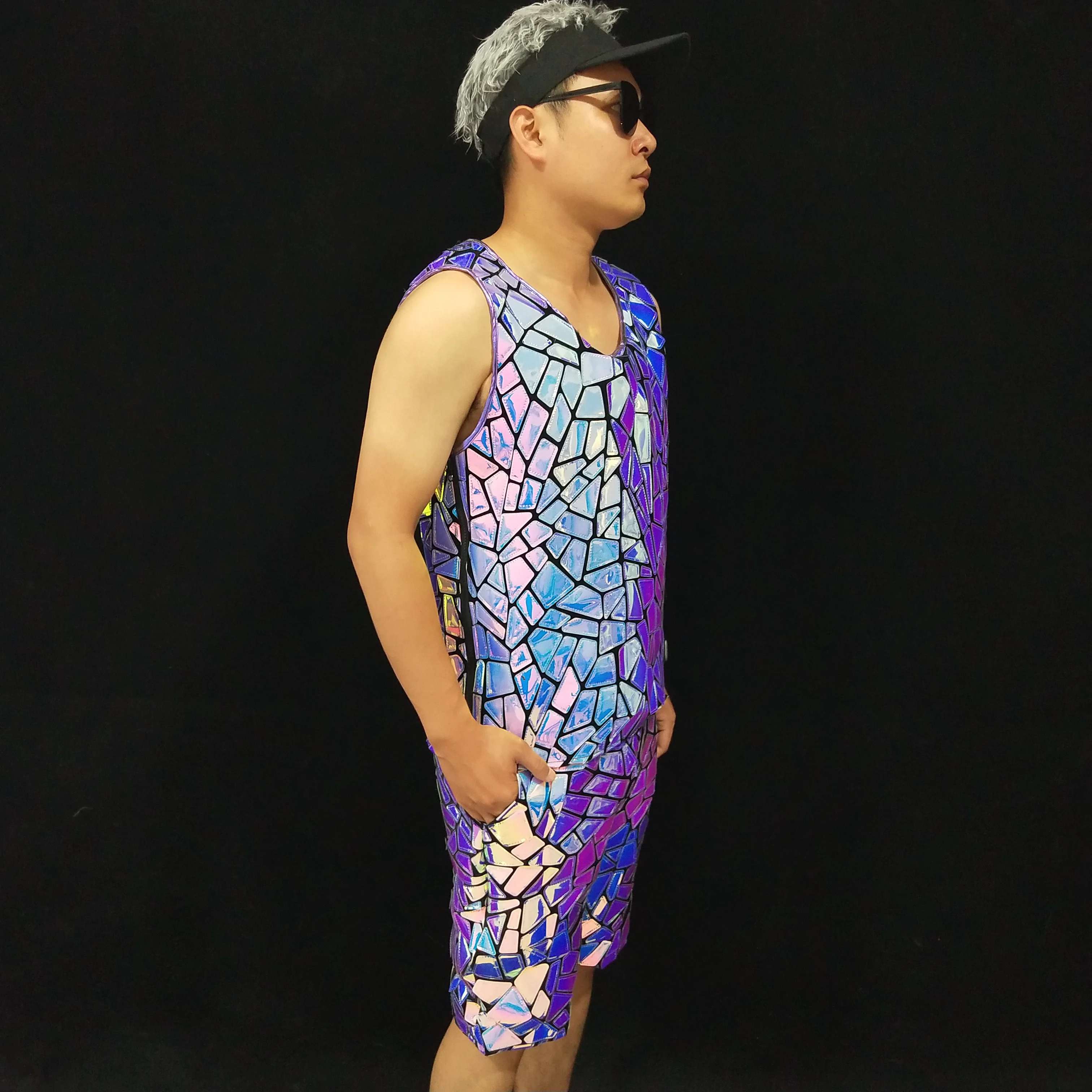 الأرجواني مرآة الترتر مجموعات عادية الرجال حفلة كرنفال السراويل القمم مرونة الخصر مرحلة الأداء المغني بار DJ ملابس الرقص