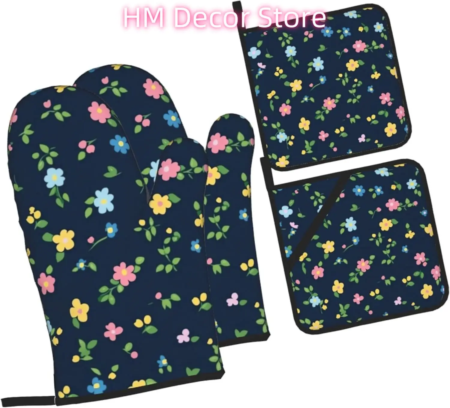 Elegant Small Floral Oven Mitts and Pot Holders Sets of 4, Aesthetic Plants Country Heat Resistant Oven Mitts,Non-Slip Cooking G