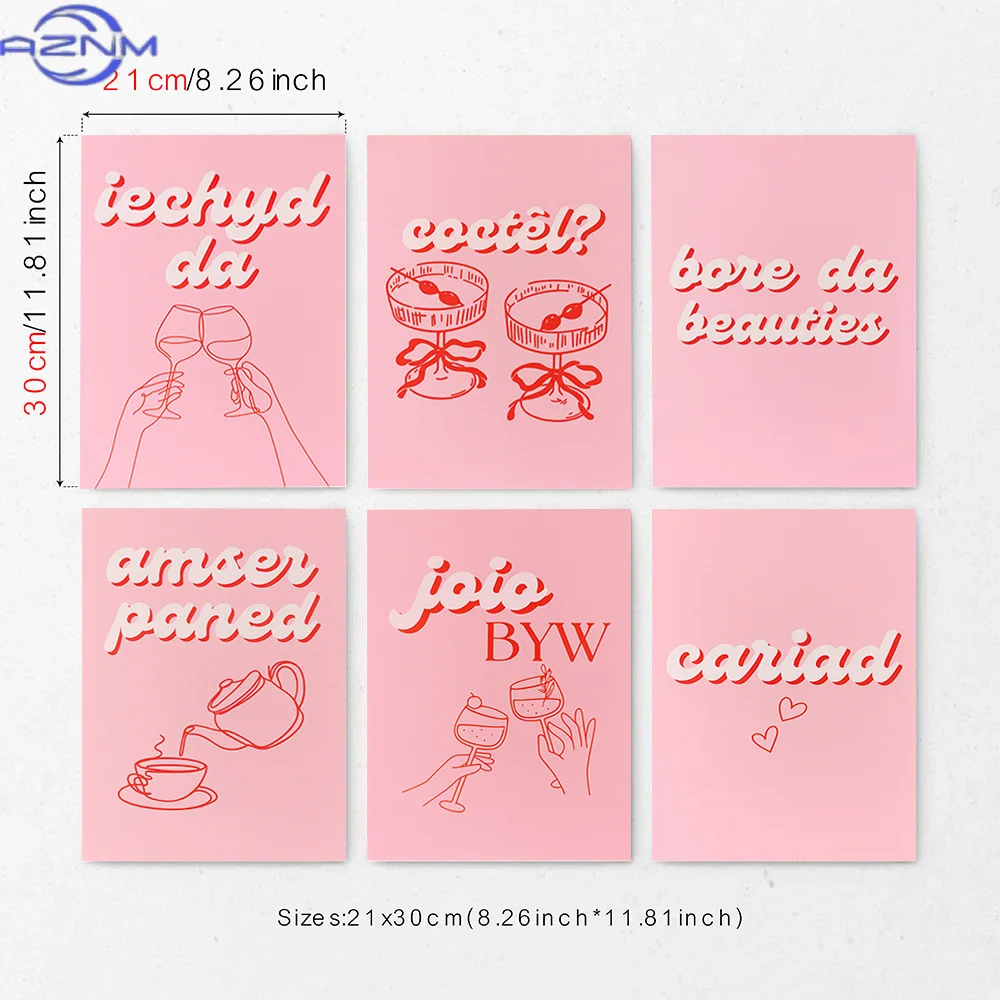 Set of 6 Pink Welsh Quote Wall Art Set Canvas Cute Motivational Prints Aesthetic Minimalist Home Decor for Bedroom Living Room