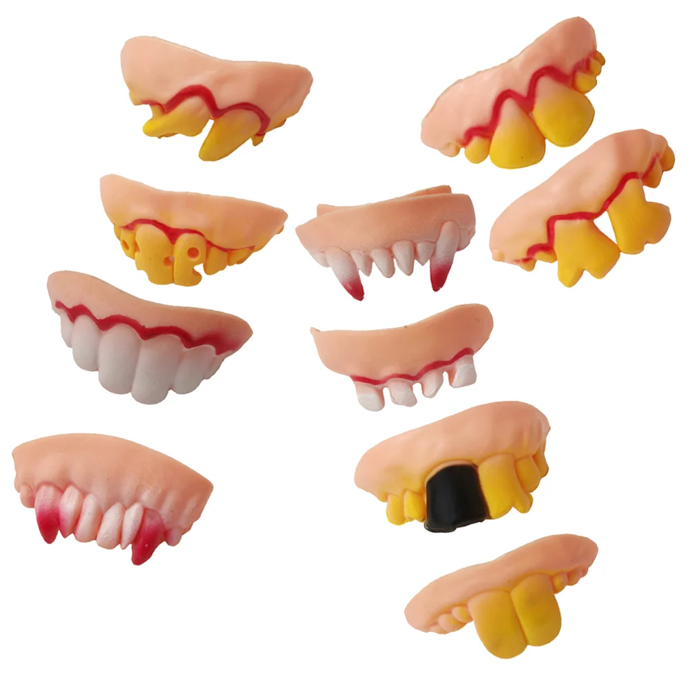 Juego de dientes de Halloween, 10 Uds., dentaduras postizas malucas, dientes delanteros de zombis, dientes Buck