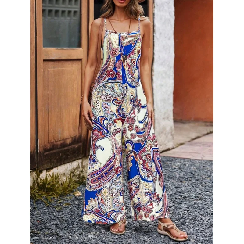 欧米風レディースファッション 海外貿易 花柄ストラップパンツ サスペンダー ワイドレッグジャンプスーツ