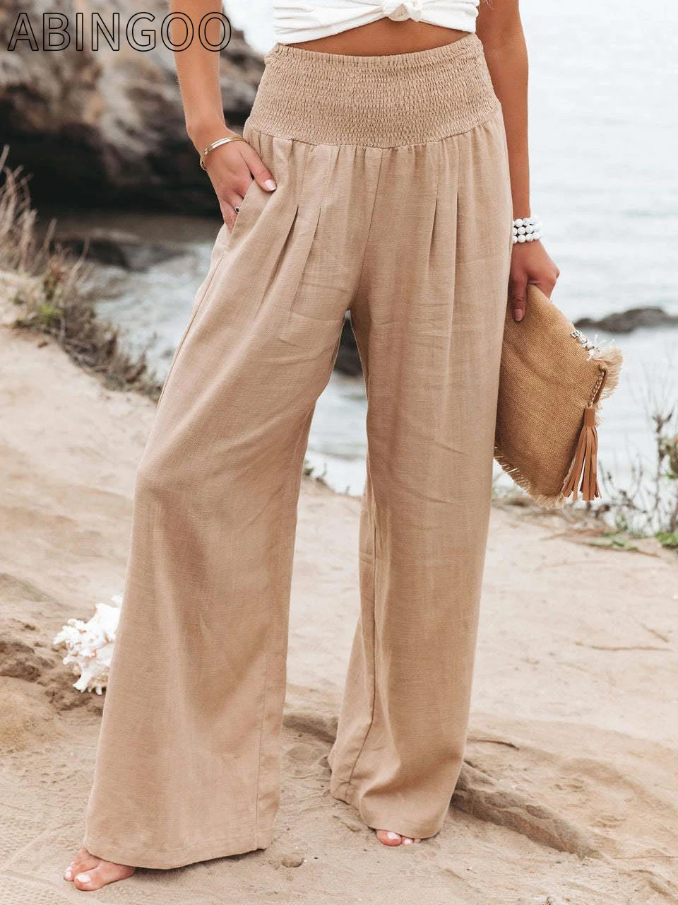 

Брюки ABINGOO женские с широкими штанинами, свободные однотонные офисные штаны из хлопка и льна, повседневные длинные брюки с эластичным поясом, весна-лето