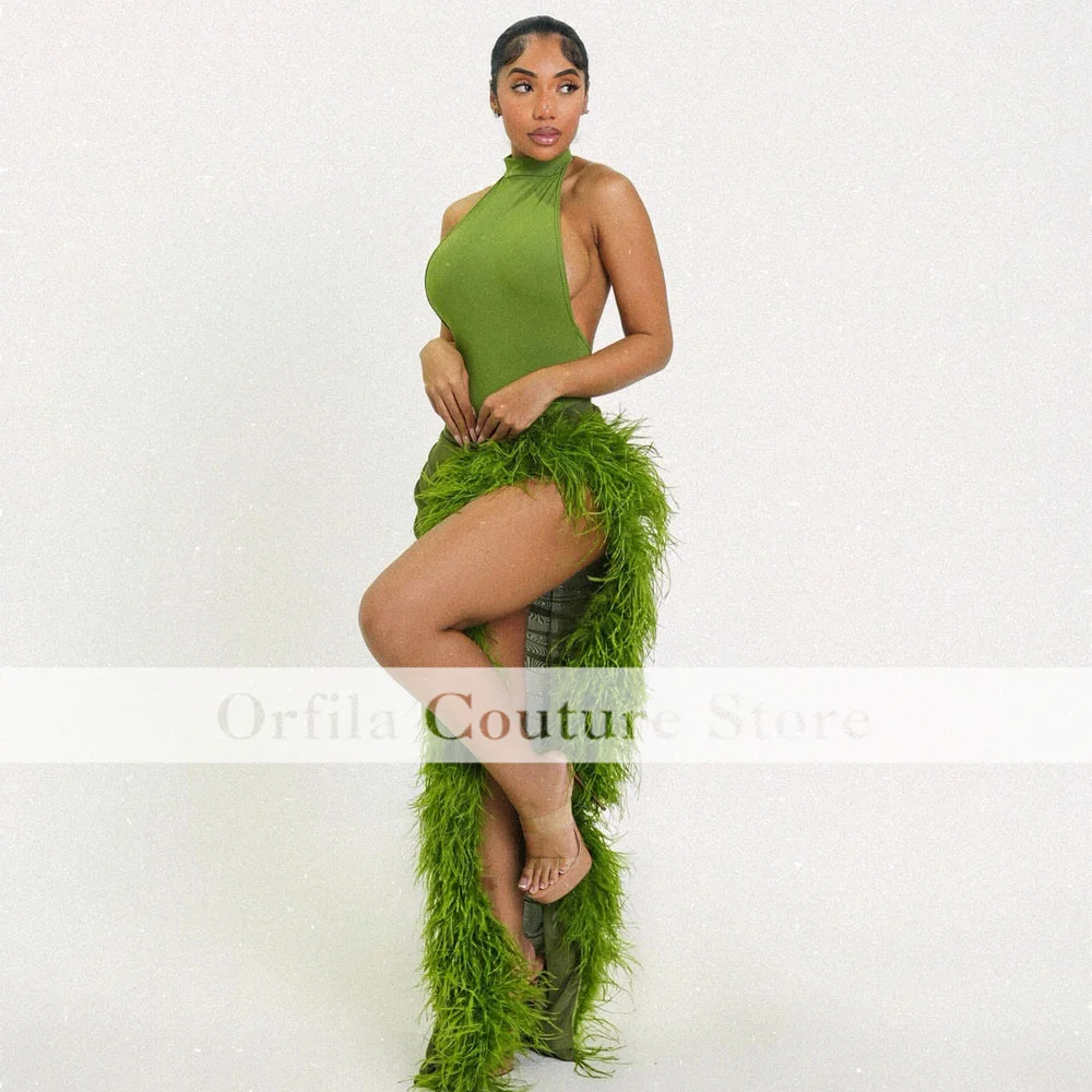 Fashion Halter Prom Dresses With Feathers Sexy Slit African Evening Party Birthday Gowns Vestido De Festa Customized