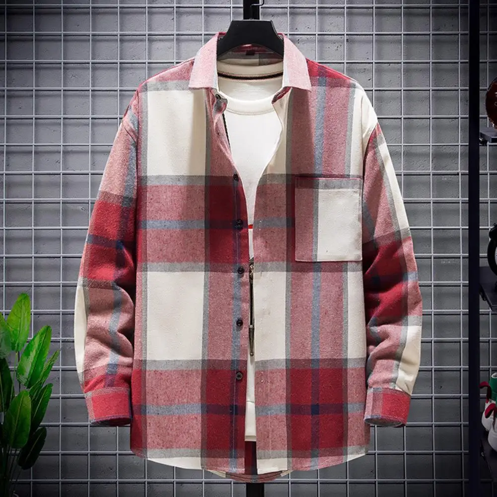 Men Plaid Shirt Coat Turndown Collar Long Sleeve Loose Autumn Shirts Spring Mens Shirt Japan Vintage Style Cardigan Shirt Coat