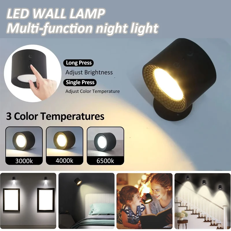 Led Double Head Wall โคมไฟ Touch Control Night Light 360 Rotatable USB ชาร์จโคมไฟอ่านหนังสือไร้สายแบบพกพาสําหรับห้องนอน