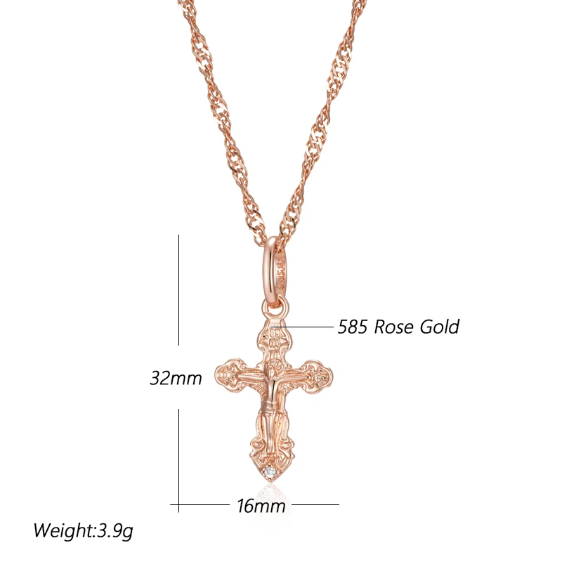 Kinel Luxury 585 Rose Gold Color Natural Zircon Cross Pendant Necklace For Women Orthodox Church Jesus Charm Daily Fine Jewelry