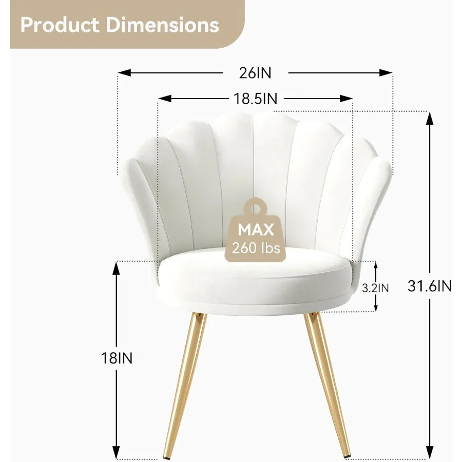 Elegante silla decorativa de terciopelo con patas de metal dorado, perfecta para sala de maquillaje, sala de estar o dormitorio, silla tapizada para invitados en blanco