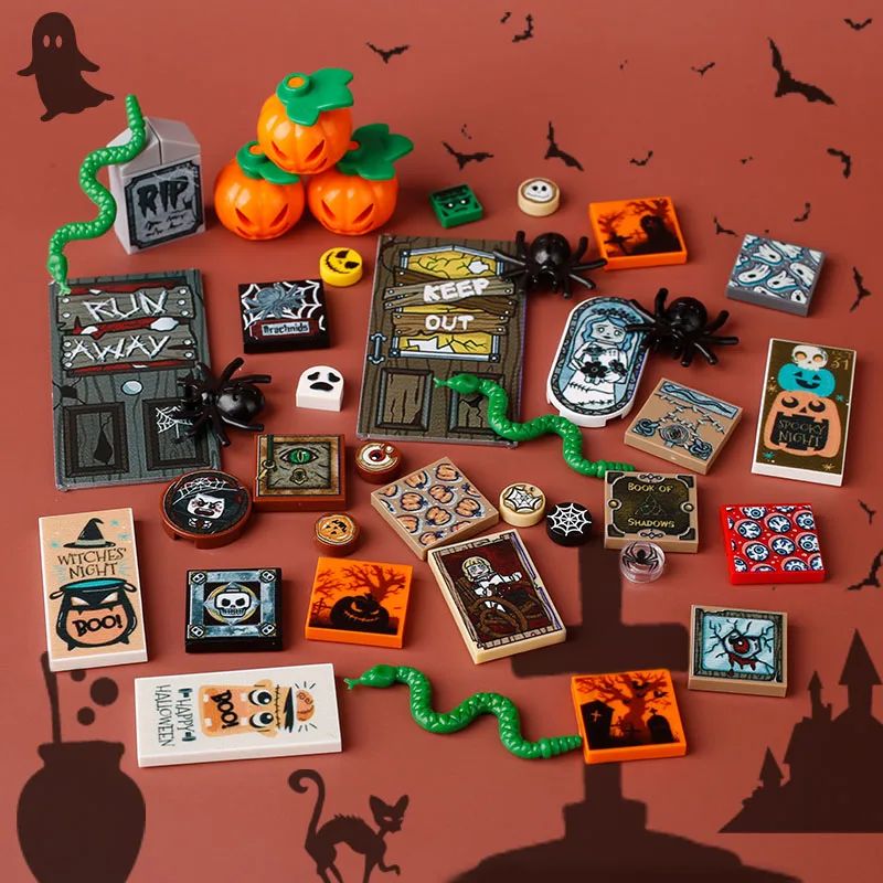 MOC Halloween Christmas Tombstone Vampire Web Printed Building Blocks Pumpkin Treasure Coral Shell Santa Claus Bricks Toys J126