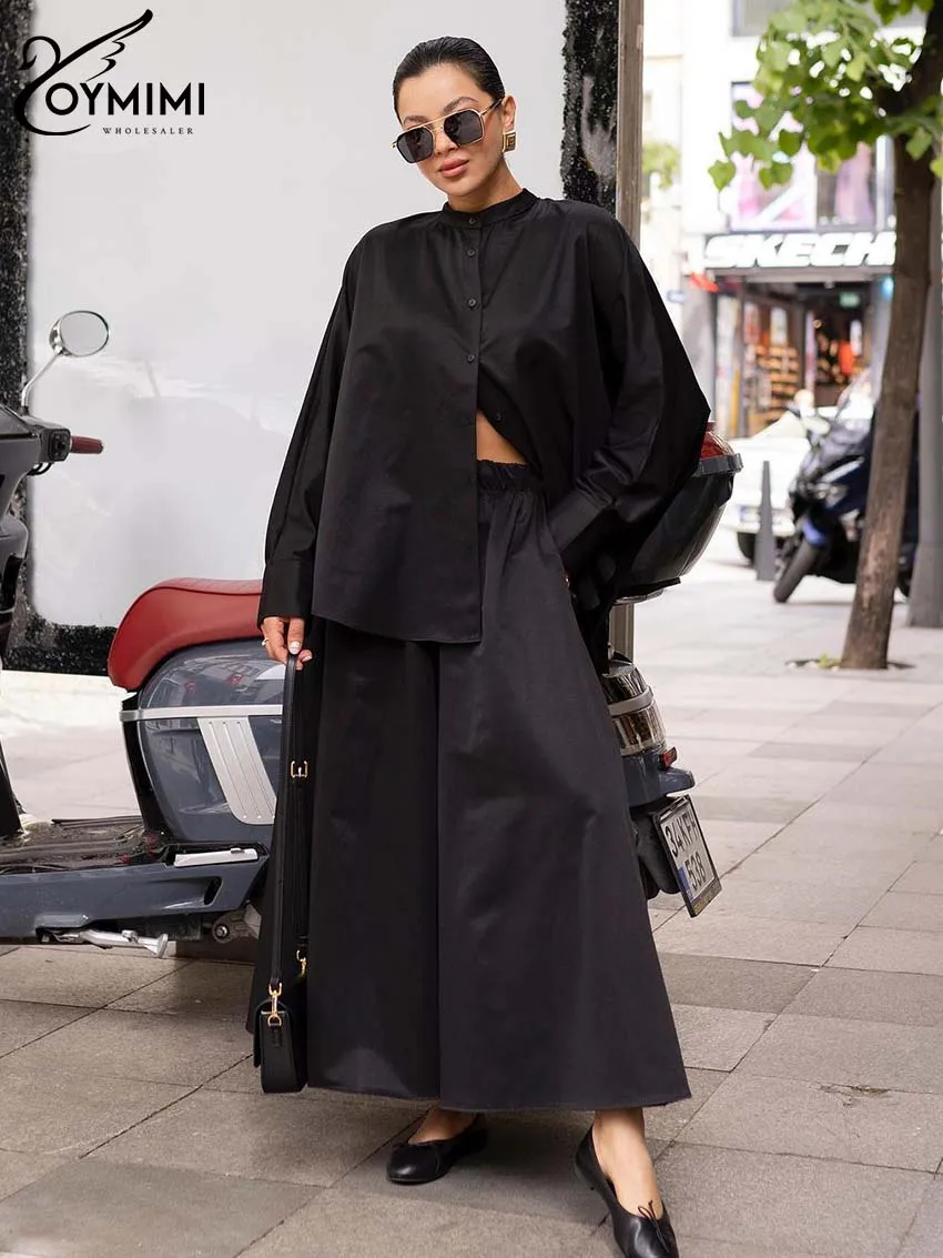 Oymimi Fashion Black Two Piece Set For Women Casual O-Neck Long Sleeve Button Shirts And High Waist Loose Pockets Trousers Sets