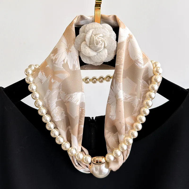 Magnetic Buckle Pearl Necklace Small Strip Silk Scarf Lazy Person Matching Shirt Thin Scarf Women Accessories Gift Wholesale