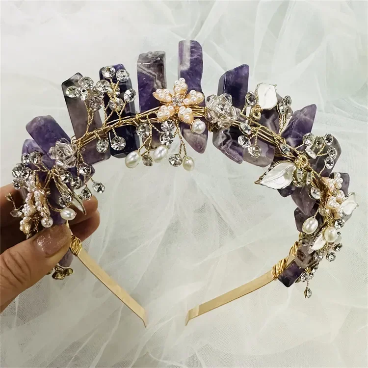 Handcrafted Raw Quartz Crystal Crown with Flower Cosplay Rhinestone Wedding Hair Accessories Natural Stones Tiara