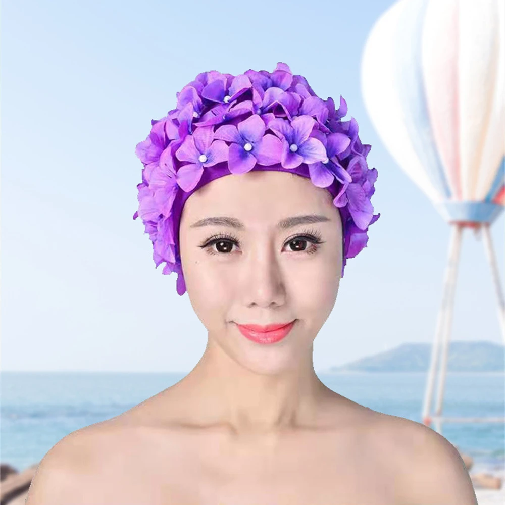 2024 Women\'s Pleated Flower Swimming Cap Free Size Soft Long Hair Breathable Shower Cap Beach Surfing Protect Ears Elastic Caps