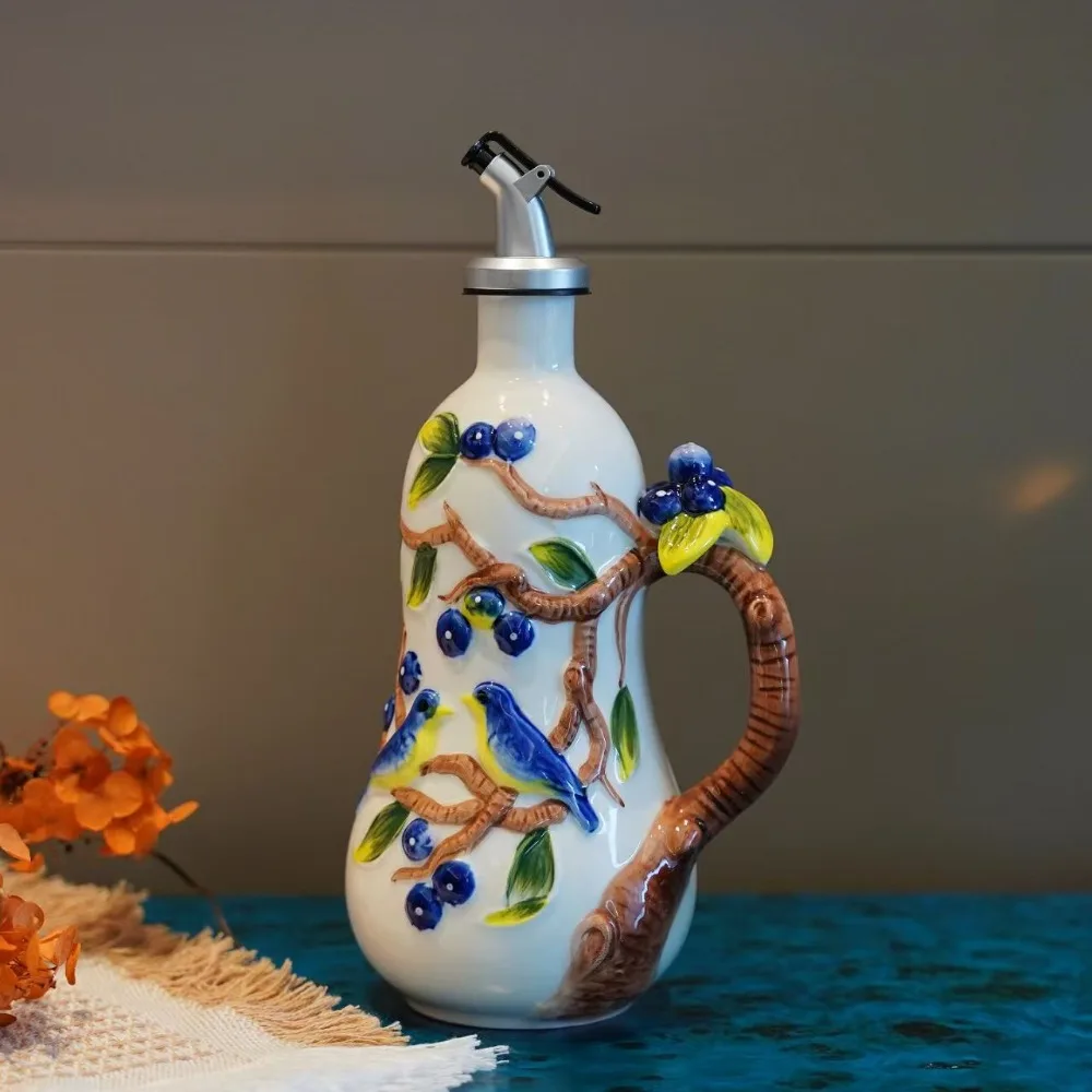 Pote de tempero de cereja em relevo, utensílios de cozinha domésticos de cerâmica de esmalte, pote de vinagre, material de garrafa de óleo pote de vinho