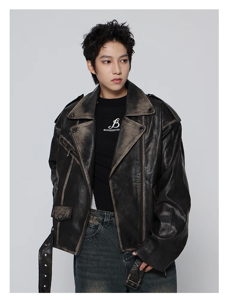 Mauroicardi Spring Cool Handsome Vintage Distressed Black Pu Leather Biker Jacket Men Belt Zipper Loose Unisex Clothes 2024 12 S4513806c053d46ea846851bf1b7c497bE