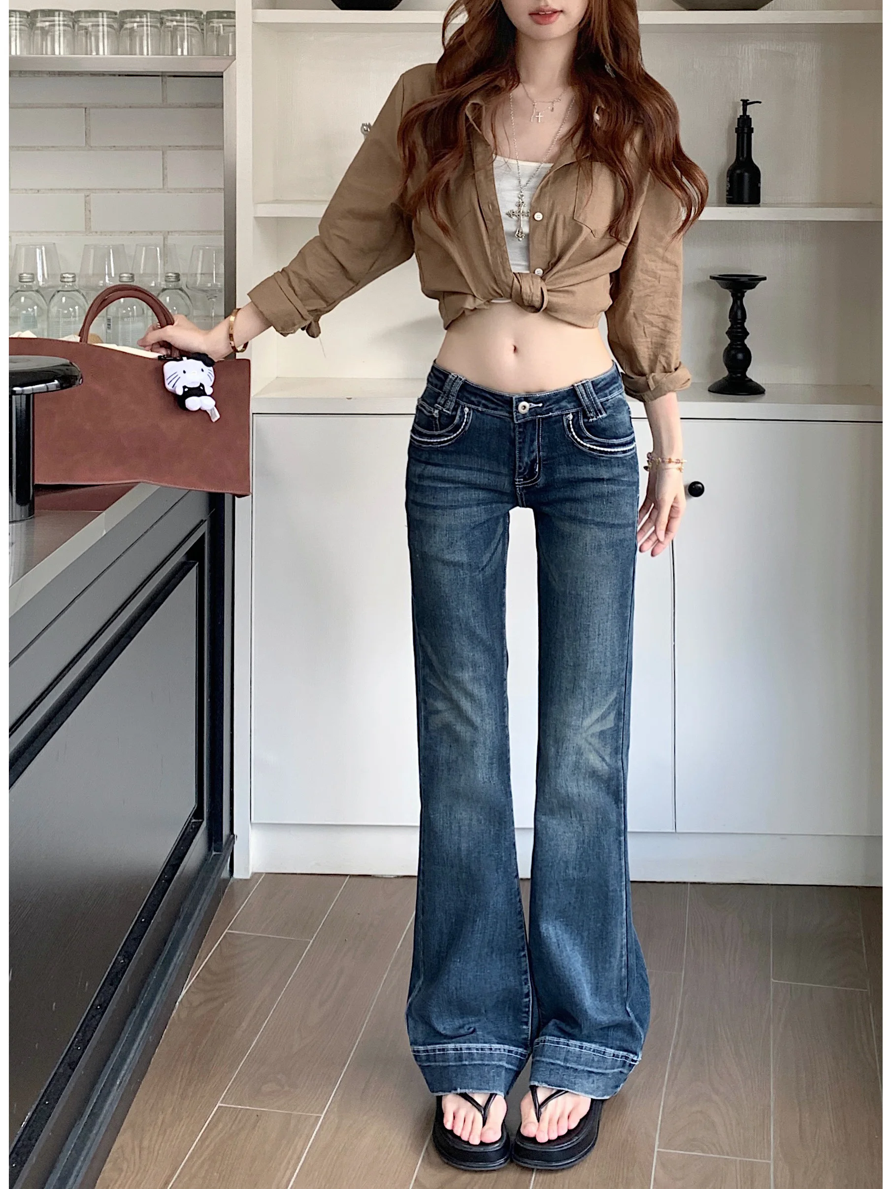

American Style Faded Washed Low Waist Bell Bottom Jeans Women's Spring Draping Long Pants Thinming Trousers Ladies Premium